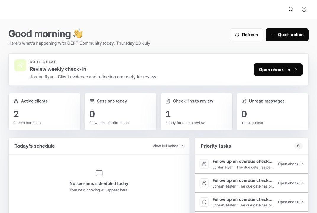 Real OMR Coach Dashboard Today workspace